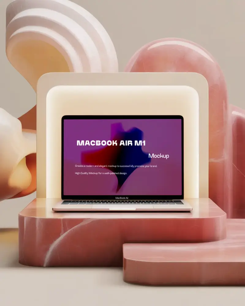 Macbook Air M1 Mockup In Soft Pastel Abstract Sculptural Display With Pink Beige Marble Round Steps And Glowing Frame Warm And Cozy Aesthetic