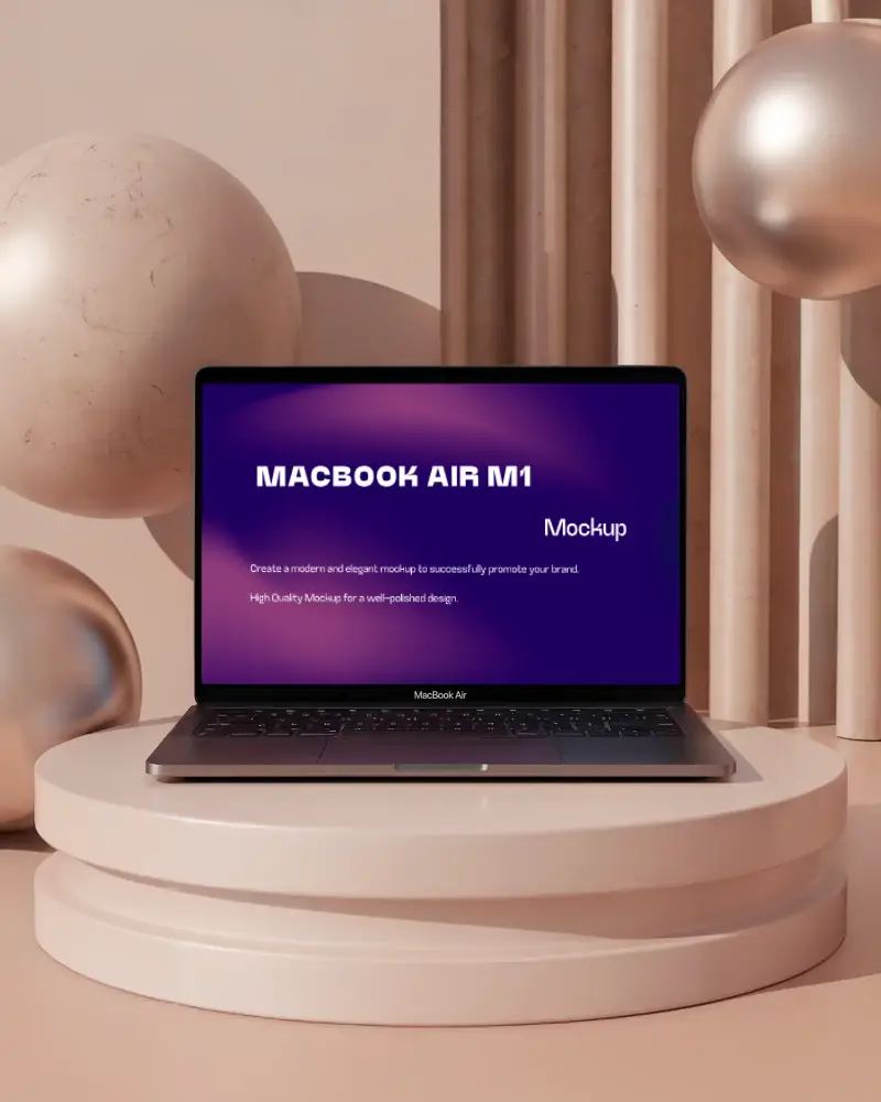 Macbook Air M1 Mockup In Soft Pink And Beige Curved Sculptural Background Round Platform With Metallic Spheres Minimal Warm Tones