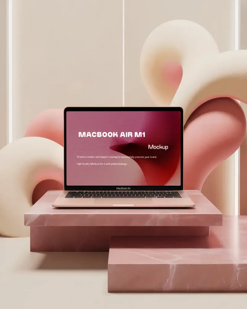 Macbook Air M1 Mockup In Soft Pink Marble Platform With Curved Sculptural Background Warm Neutral Tones And Textured Surfaces Minimalist Style