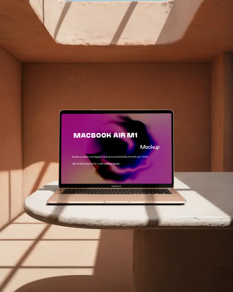 Macbook Air M1 Mockup In Sunlit Earthy Niche With Textured Walls Marble Table Soft Natural Light Minimalist Warm Tones