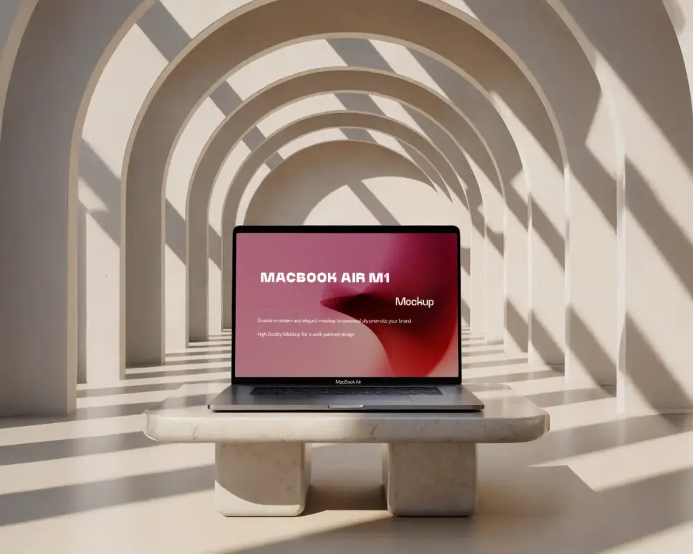 Macbook Air M1 Mockup In Sunlit Modern Arched Concrete Niche With Soft Warm Light Round Stone Pedestal Minimalist Design