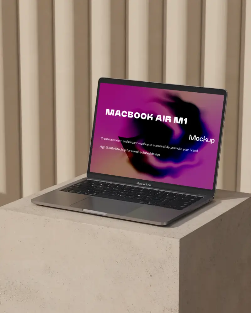 Macbook Air M1 Mockup On Beige Concrete Pedestal With Vertical Striped Background Warm Lighting Minimal And Stylish Setup