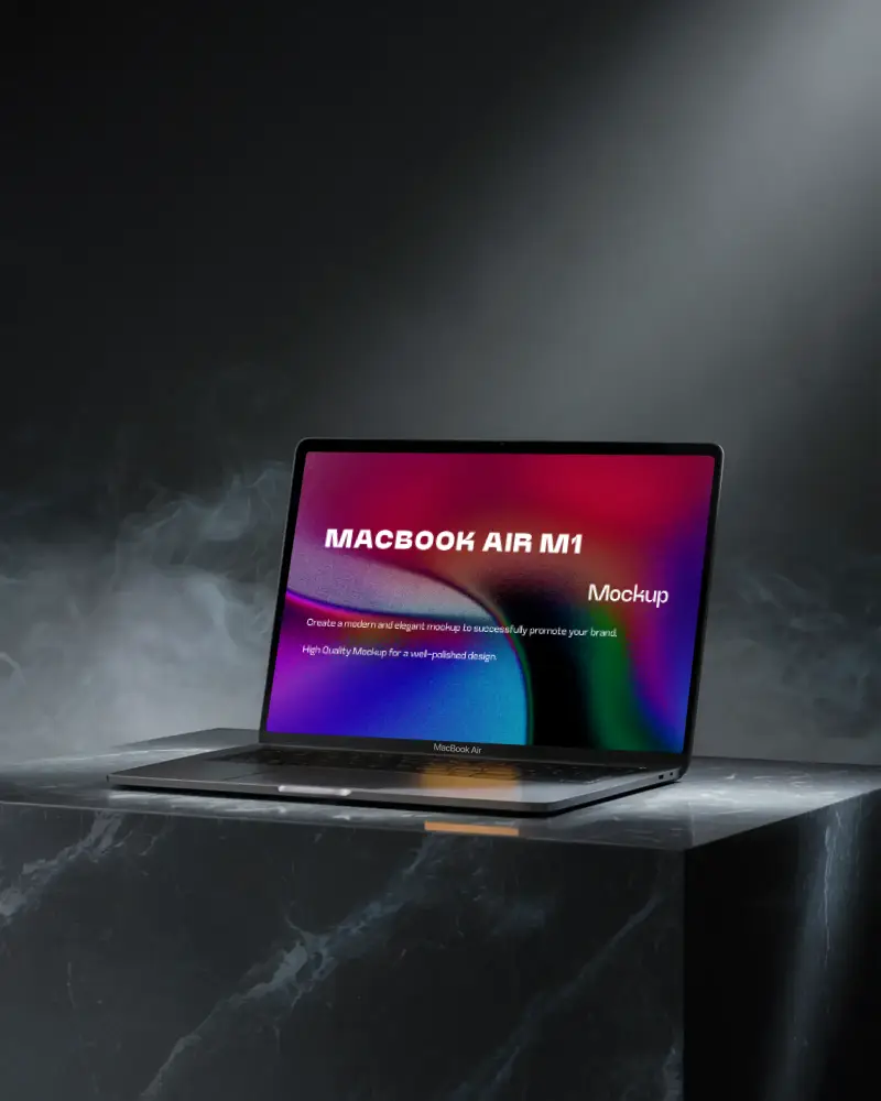 Macbook Air M1 Mockup On Black Marble Pedestal With Spotlight And Floating Smoke Dramatic And Premium Presentation Style