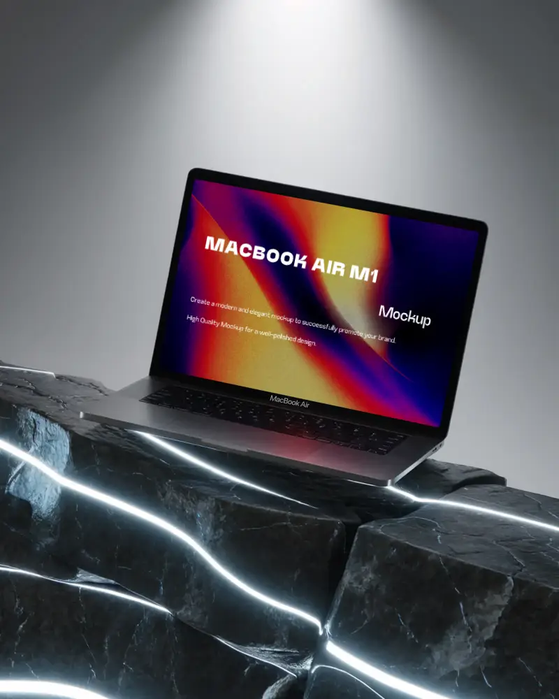 Macbook Air M1 Mockup On Cracked Dark Stone With Glowing White Light Veins And Soft Spotlight Striking And Futuristic Tech Ambience