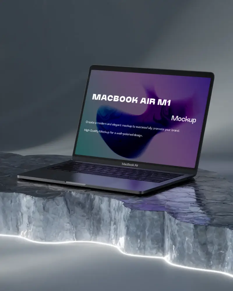 Macbook Air M1 Mockup On Crystalline Slab With Subtle Glow And Reflective Surroundings Cool Toned And Elegant Sci Fi Style