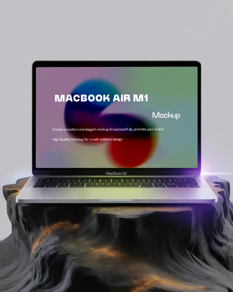 Macbook Air M1 Mockup On Eroded Magma Like Pedestal With Glowing Embers And Soft Color Gradients Sci Fi And Artistic Ambience