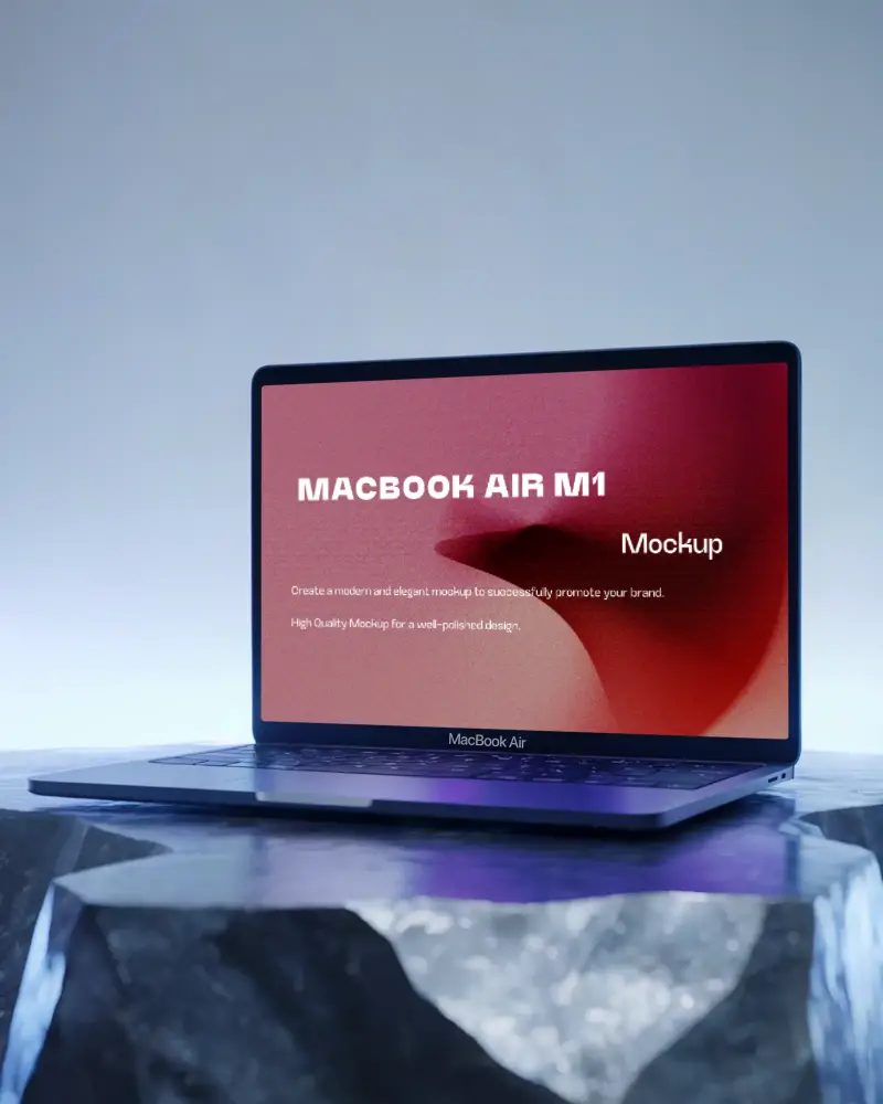 Macbook Air M1 Mockup On Faceted Stone Pedestal With Cool Toned Gradient Lighting And Clean Backdrop Modern And Crisp Studio Look