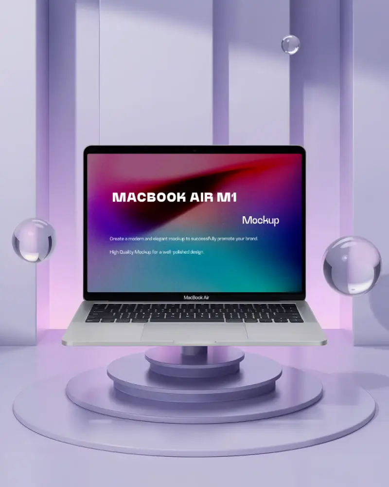 Macbook Air M1 Mockup On Geometric Podium In Pastel Purple Room With Floating Glass Orbs Modern Playful And Futuristic Showcase Style