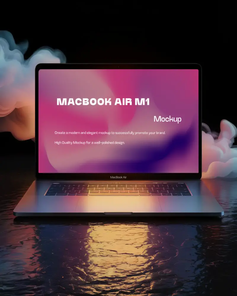 Macbook Air M1 Mockup On Glossy Liquid Surface With Warm Gradient Reflections And Colorful Smoke Dramatic And Immersive Night Scene