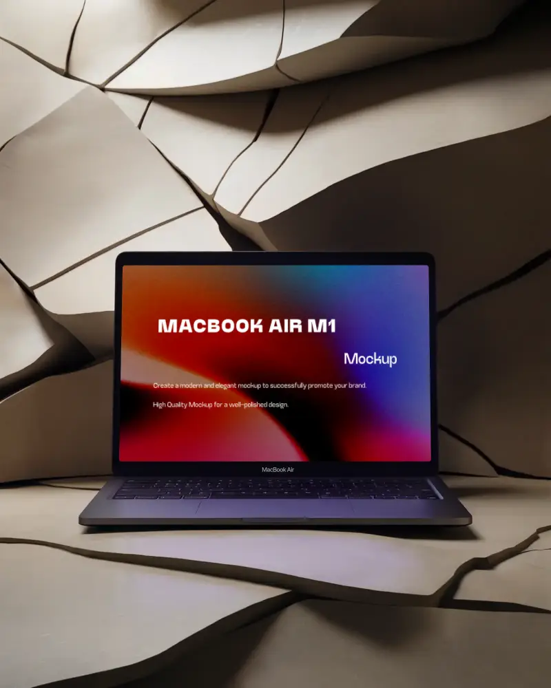 Macbook Air M1 Mockup On Layered Beige Stone Cracks With Soft Shadow Play And Organic Contours Warm And Modern Visual Style