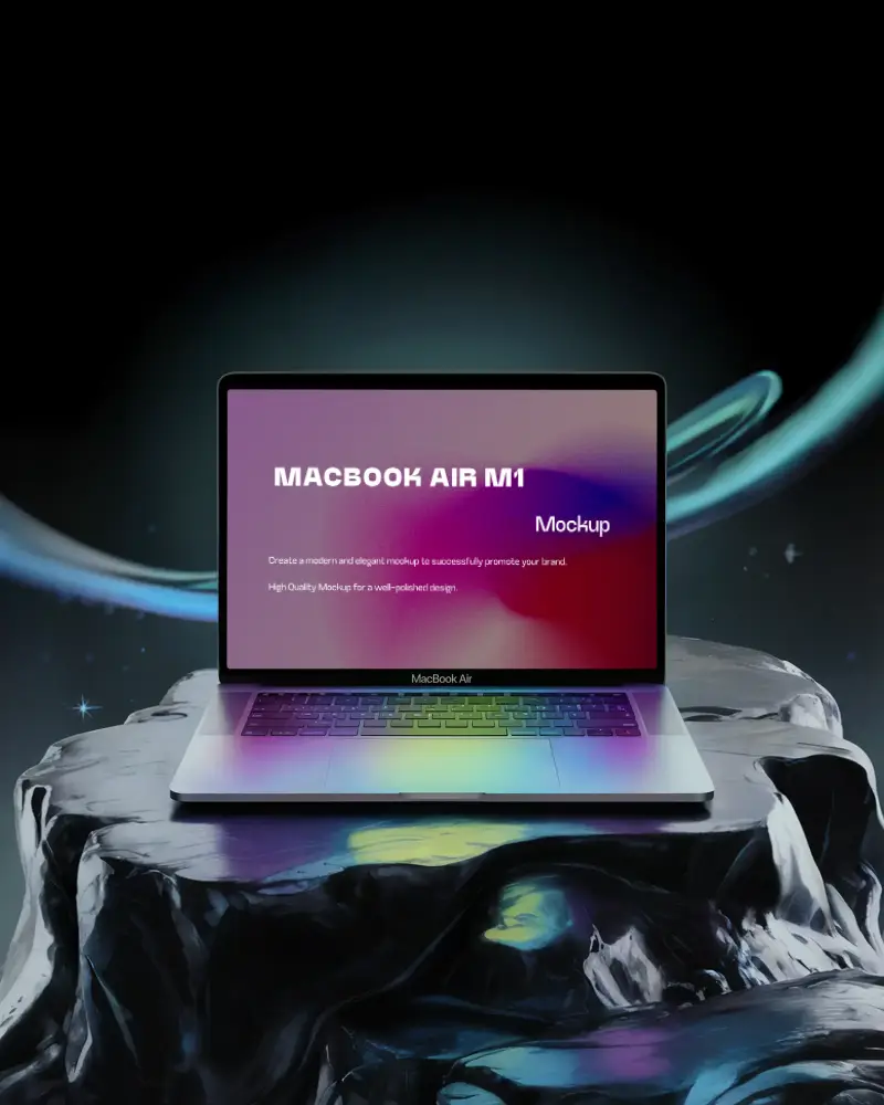 Macbook Air M1 Mockup On Liquid Gloss Pedestal With Rainbow Reflections And Cosmic Backdrop Vibrant And Otherworldly Visual Style