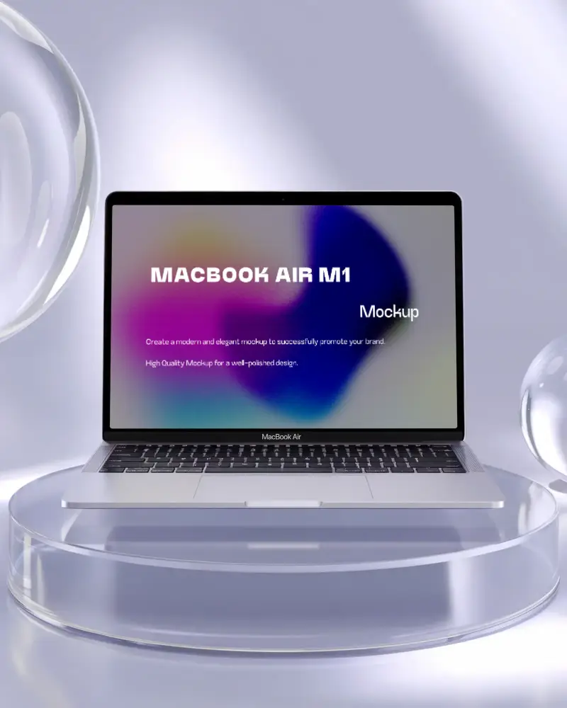 Macbook Air M1 Mockup On Transparent Acrylic Podium With Floating Glass Spheres Soft Purple Lighting And Futuristic Minimal Style