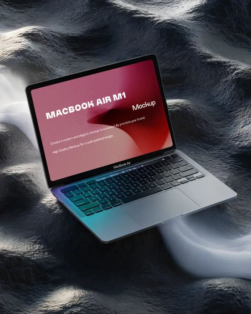 Macbook Air M1 Mockup Placed On Liquid Metallic Waves With Soft Glow And Gradient Lighting Futuristic And Fluid Aesthetic