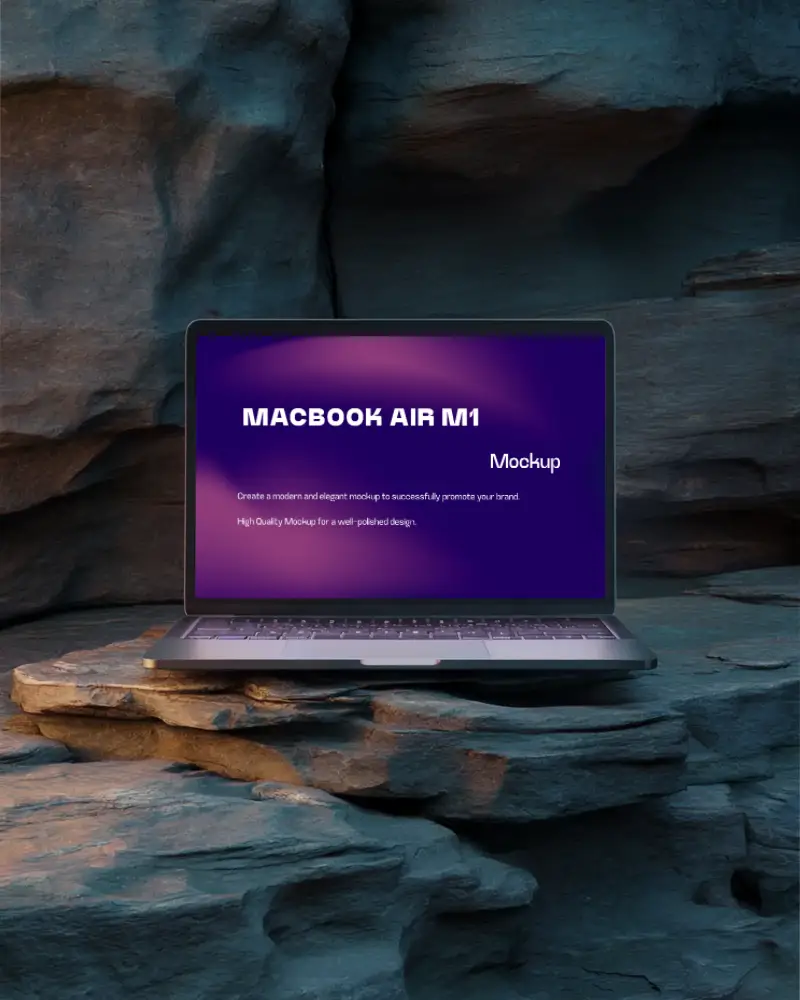 Macbook Air M1 Mockup Resting On Layered Canyon Rocks With Warm And Cool Contrast Lighting Natural And Balanced Scenic Style