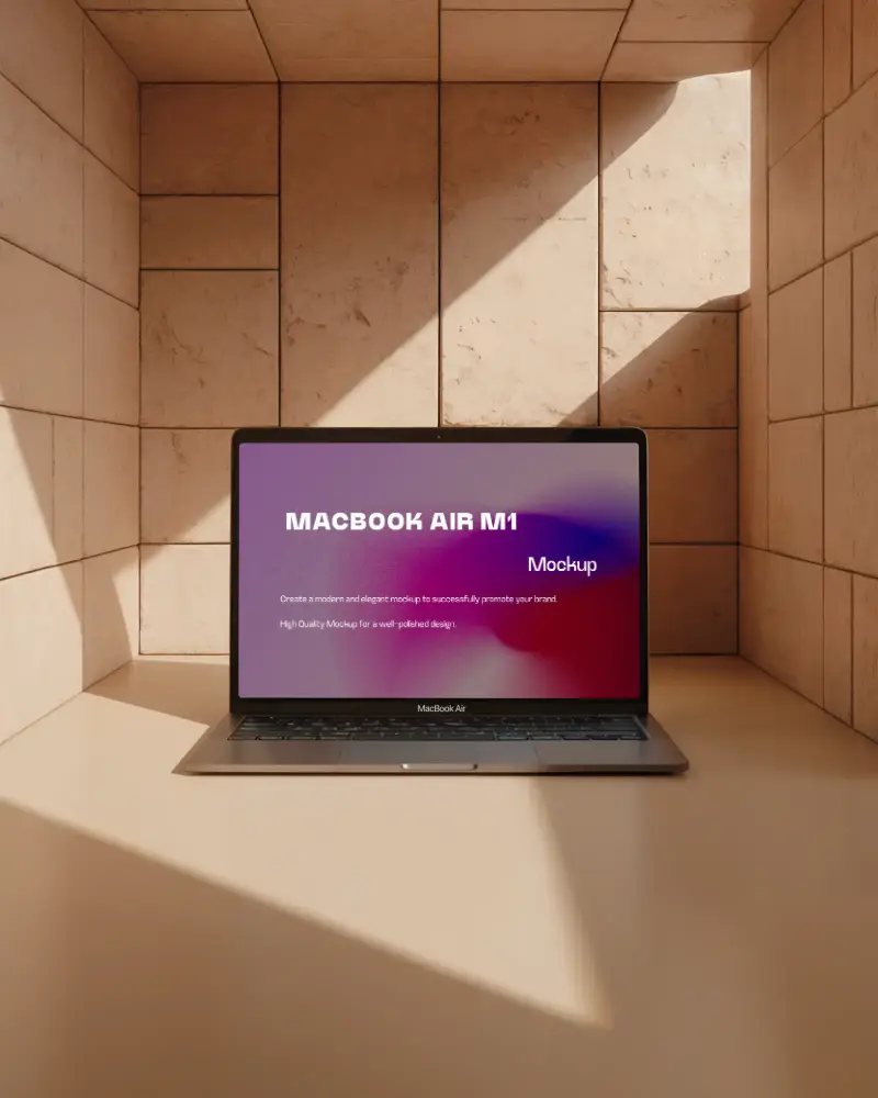 Macbook Air M1 Mockup Warm Toned Sunlit Terracotta Cube Space Architectural Shadows Minimal Design Presentation Showcase