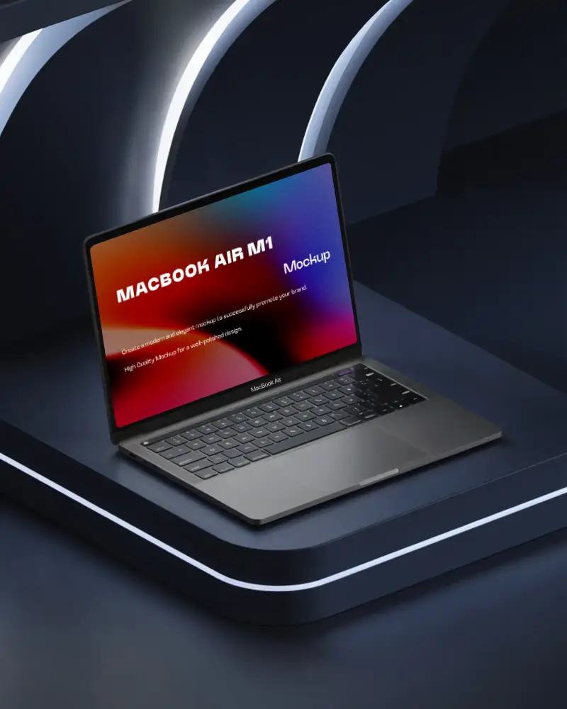 Macbook Air M1 On Dark Blue Futuristic Platform With LED Accent Lighting Ultramodern Technology Showcase