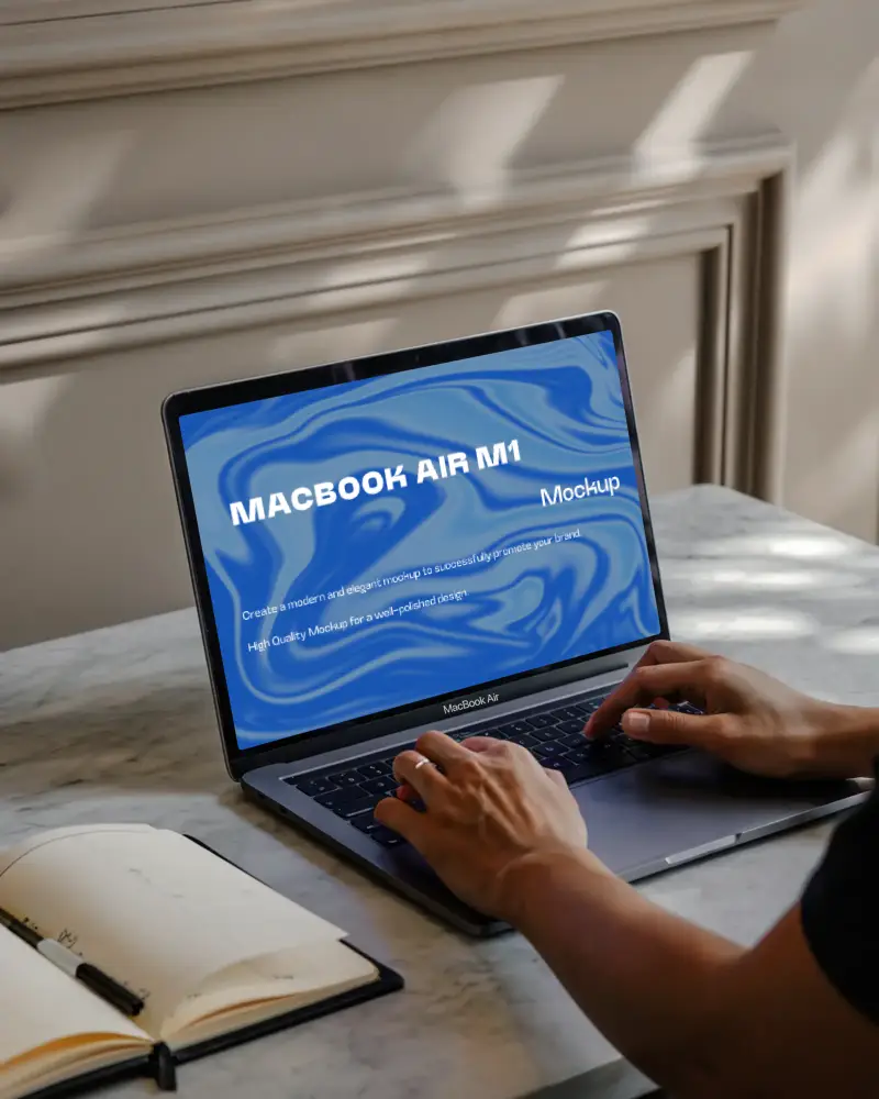 Macbook Air M1 On Marble Desk Person Typing Sunlight Open Planner Classic Panel Wall