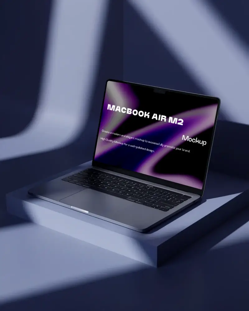 Macbook Air M2 Mockup On Deep Blue Platform With Angular Light Beams And Modern Shadow Play Sleek And Minimal Visual Composition