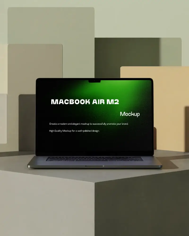 Macbook Air M2 Mockup On Minimal Podium With Geometric Color Blocks In Warm Neutral Tones Soft Shadows And Modern Studio Style