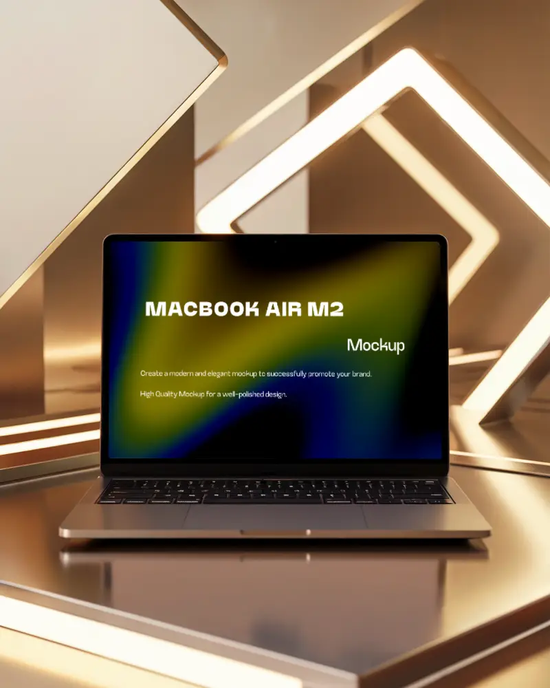Macbook Air M2 On Sleek Golden Surface With Glowing Geometric Light Shapes Futuristic Ambient Lighting Elegant Product Display