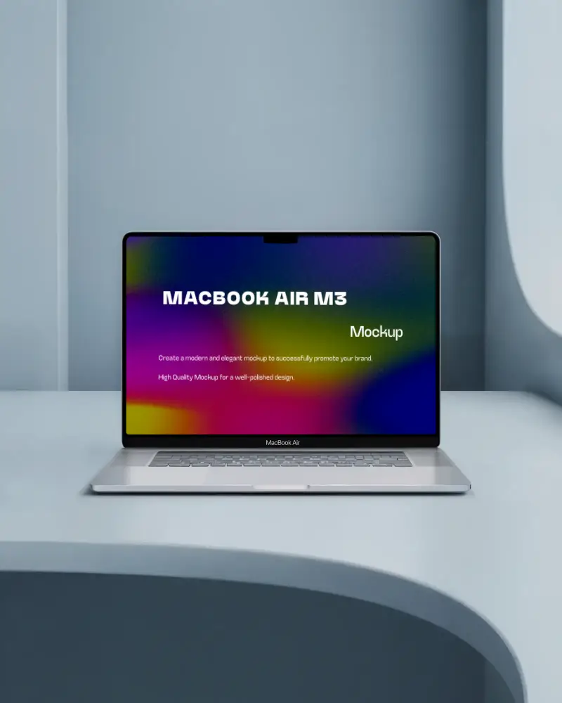 Macbook Air M3 Mockup In Sleek Soft Blue Modern Curved Niche Minimalistic Design Smooth Textured Platform Clean Lighting