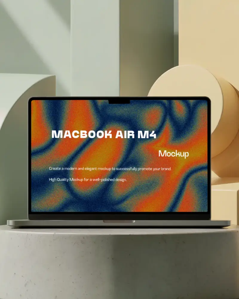 Macbook Air M4 Mockup On Rounded Stone Podium With Geometric Pastel Backdrop And Soft Sunlight Minimalist And Contemporary Studio Style