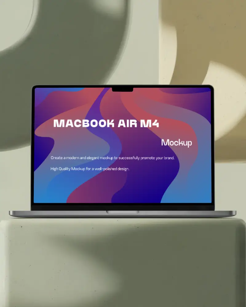 Macbook Air M4 Mockup On Soft Matte Pedestal With Abstract Sculptural Shapes And Subtle Earthy Shadows Modern Minimalist Exhibit Style