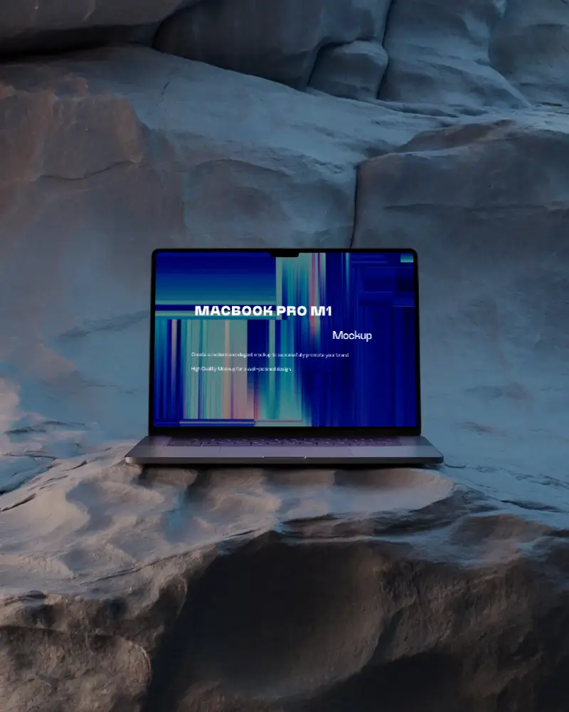 Macbook M1 Pro Mockup On Smooth Weathered Stone Surface With Cool Blue Light And Subtle Shadows Serene And Modern Nature Scene