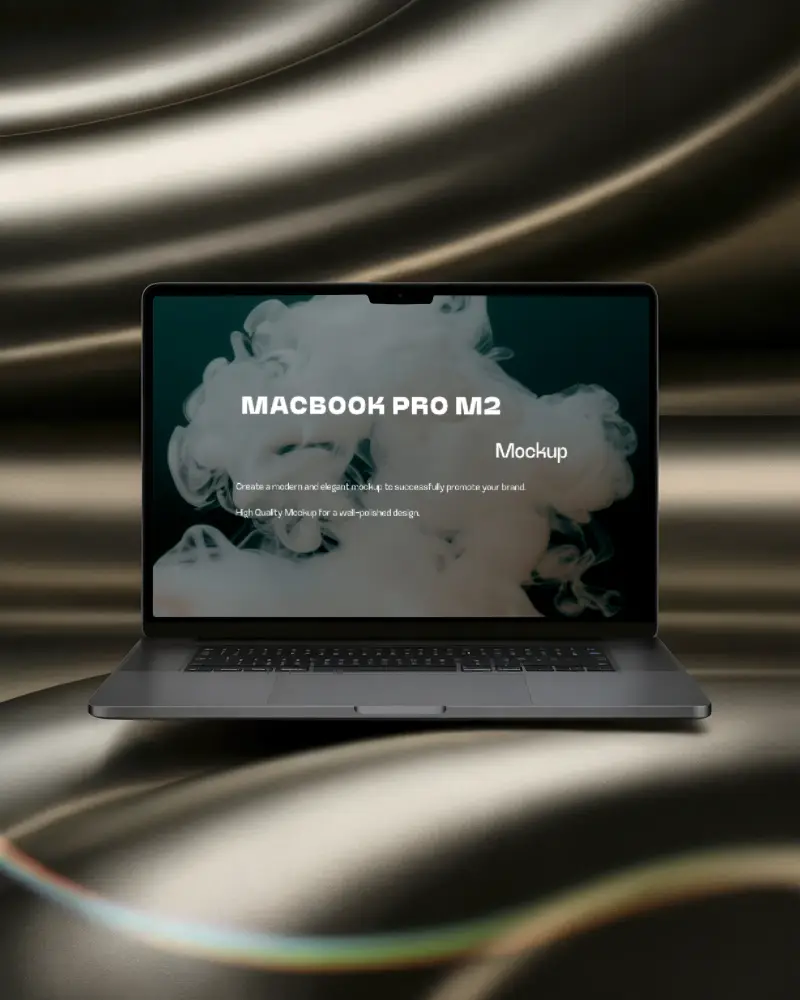 Macbook M2 Pro Mockup On Metallic Fluid Surface With Smooth Waves And Rainbow Reflections Luxurious And Futuristic Style