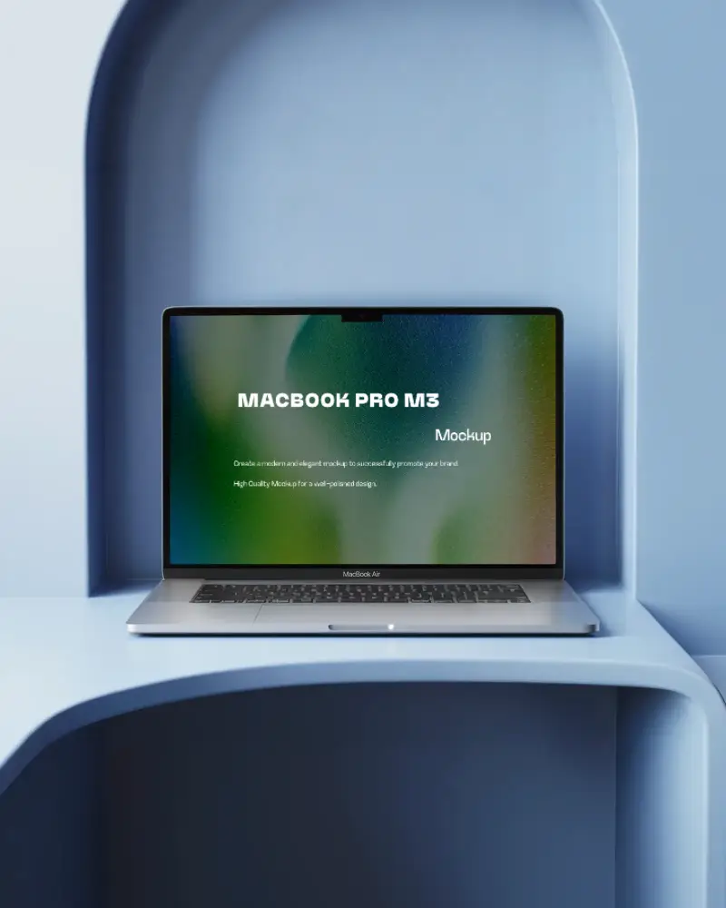 Macbook M3 Air Mockup In Sleek Blue Arched Niche With Curved Surfaces Minimal Modern Design Clean Soft Shadows