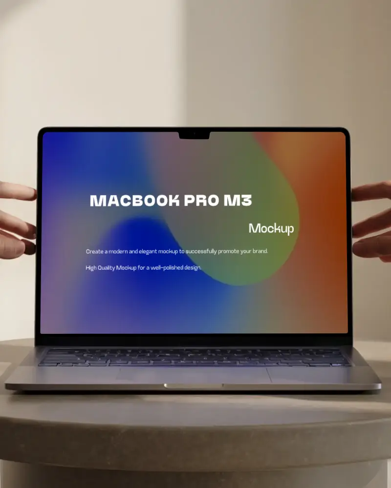Macbook M3 Pro Mockup Hands Reaching Out Round Stone Table Soft Warm Lighting Minimal Interior Modern Creative Presentation Setup