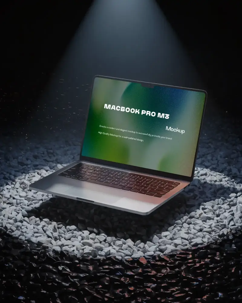 Macbook M3 Pro Mockup Hovering Above Dual Tone Gravel Circle Under Spotlight With Spark Particles Dramatic And High Contrast Scene