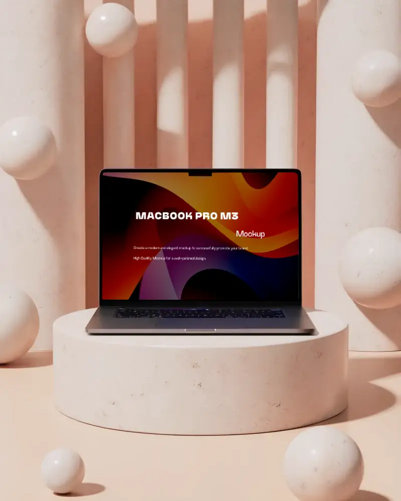 Macbook M3 Pro Mockup In Minimalist Pastel Niche With Rounded Platforms And Floating Spheres Soft Warm Tones Cozy Aesthetic