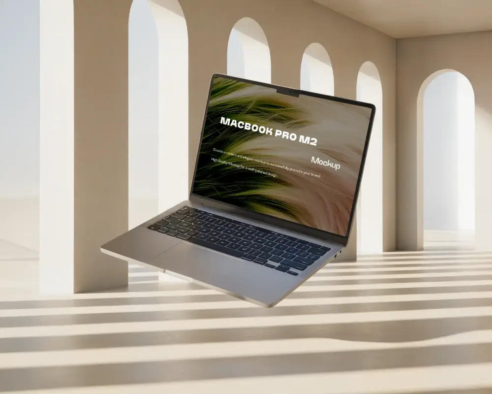 Macbook Pro M2 Mockup Floating In Arched Corridor Soft Sunlight Stripes On Floor Minimal Architectural Light Beige Interior Scene