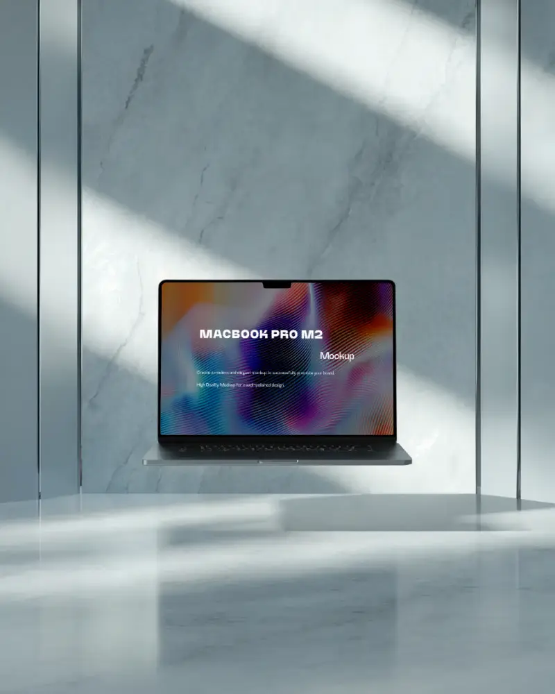 Macbook Pro M2 Mockup In Minimalist Blue Marble Room With Natural Light Clean Aesthetic