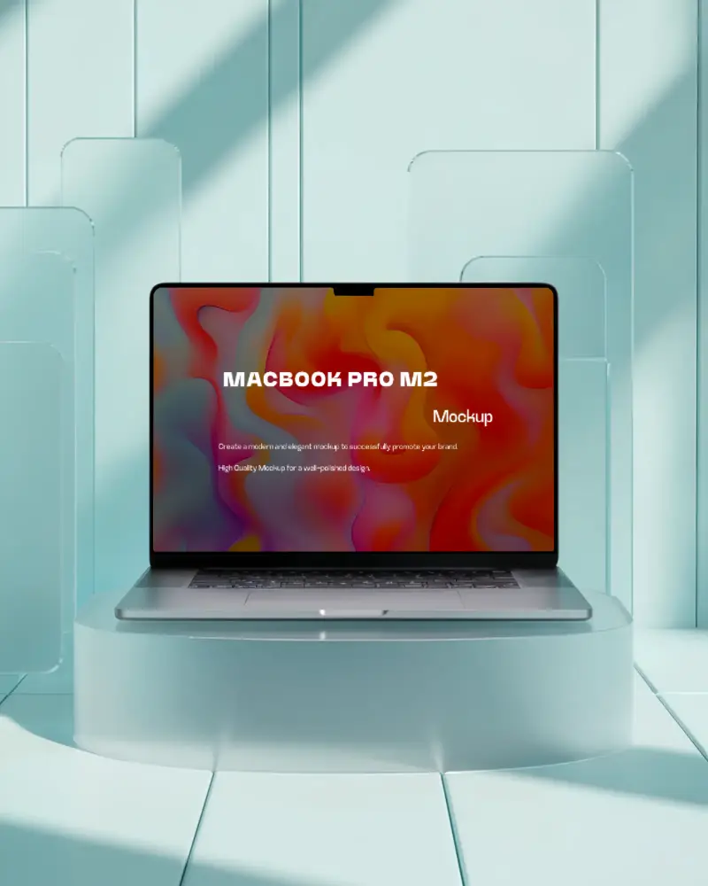 Macbook Pro M2 Mockup On Glossy Aqua Podium In Pastel Room With Translucent Panels Minimal Light Filled Setup Futuristic Vibe