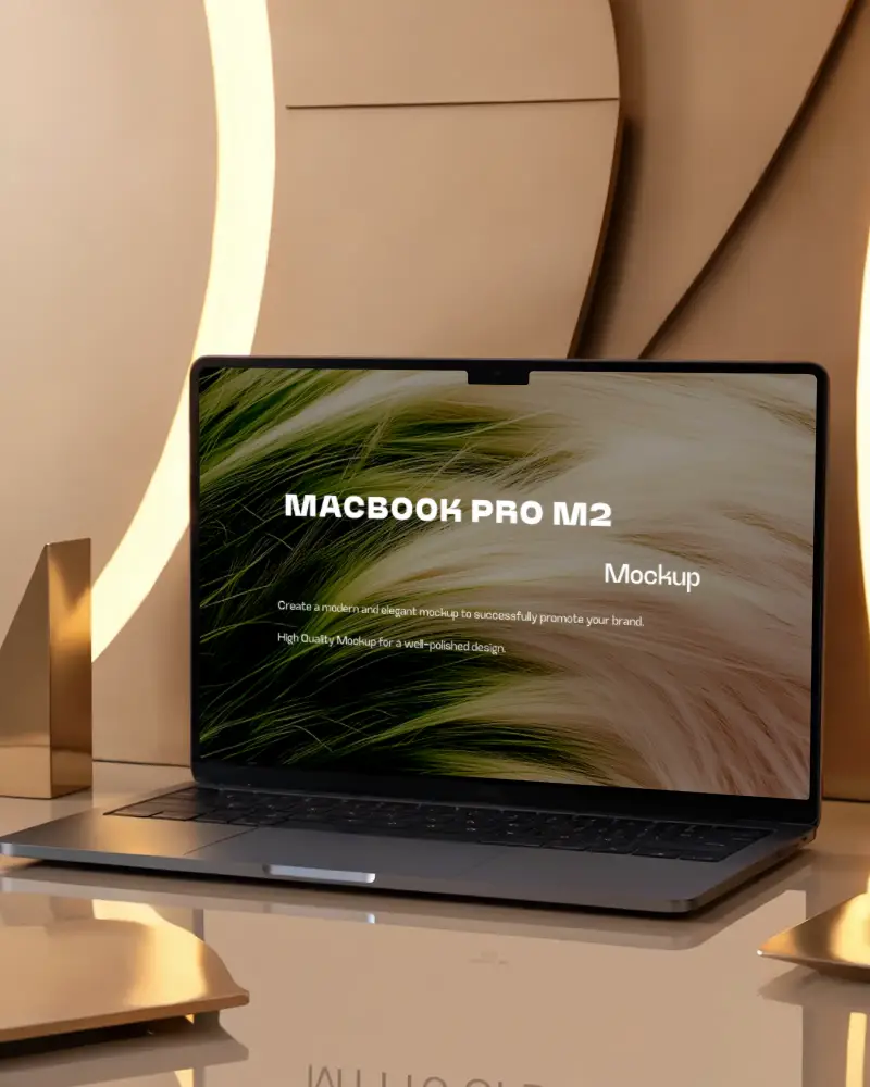 Macbook Pro M2 On Luxurious Gold Reflective Surface With Modern Abstract Background Soft Lighting And Stylish Environment