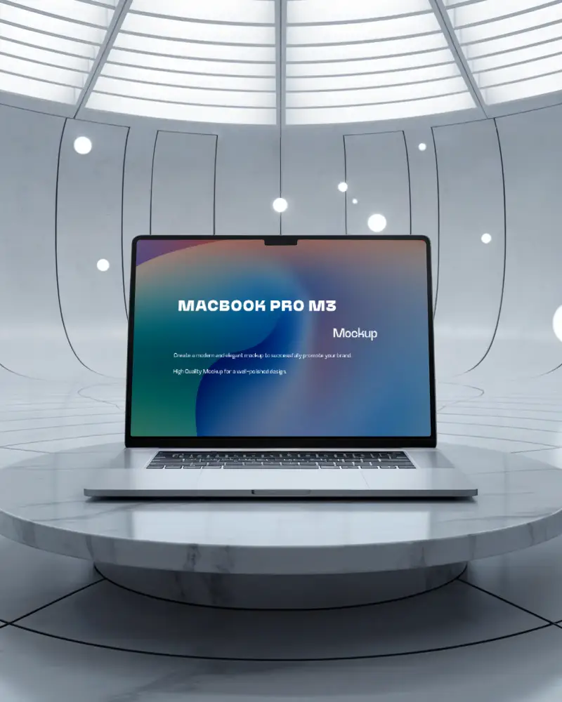 Macbook Pro M3 Mockup On Circular Marble Podium In Futuristic Dome Space Glowing Orbs Cool Lighting Sci Fi Environment Modern Design