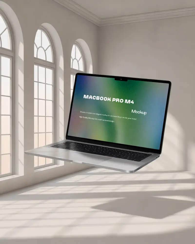 Macbook Air M4 Mockup On Glass Podium In Soft Aqua Arched Room Modern Minimal Background Diffused Lighting Futuristic Interior Scene