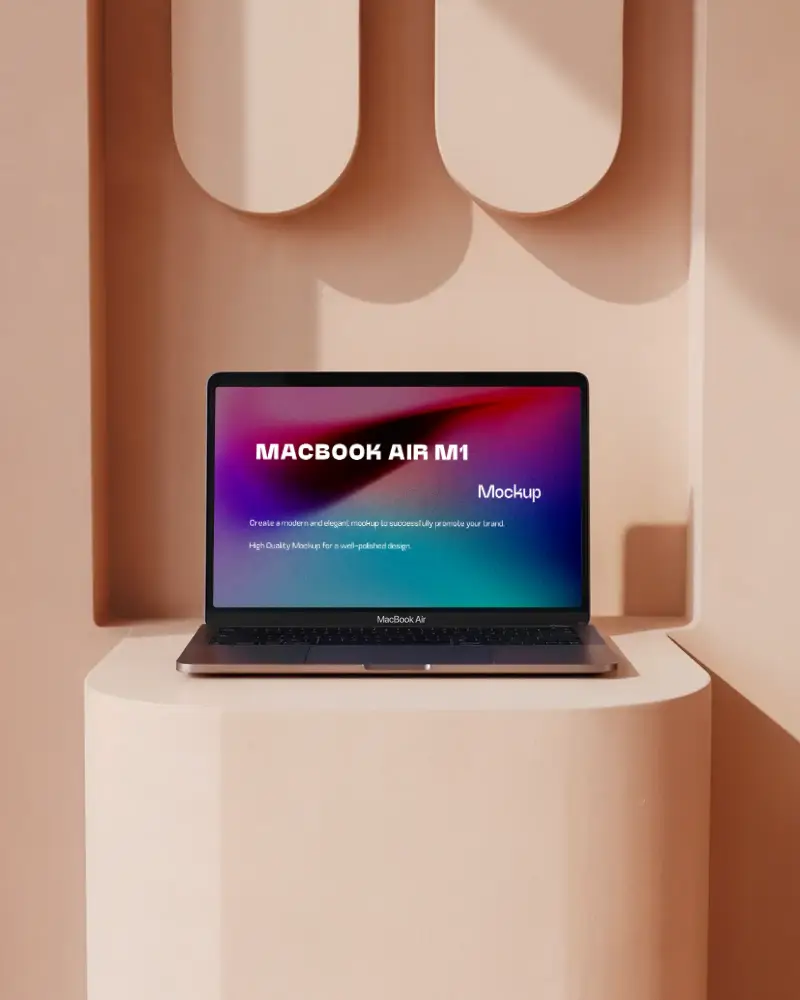 Peach Toned Architectural Display Macbook Air Mockup On Sculptural Podium Soft Shadows Modern Minimal Interior Aesthetic