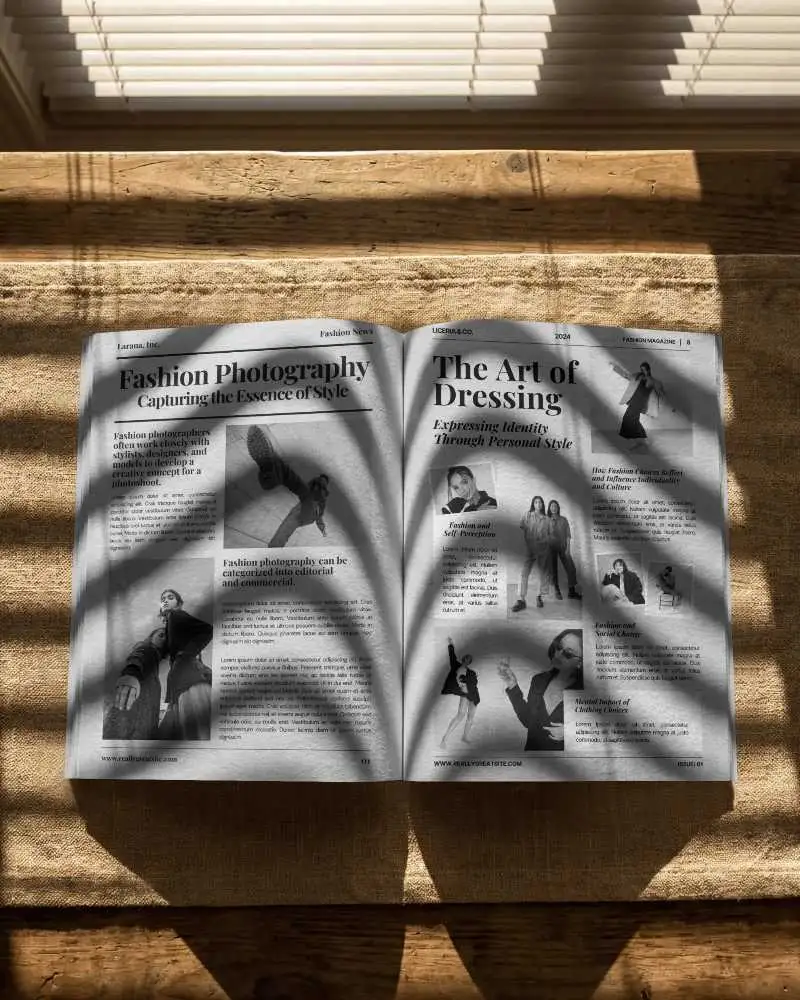 Sunlit Open Magazine Mockup On Wooden Table With Window Blinds Shadow Pattern