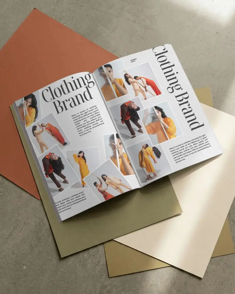 Top Perspective Open Magazine Mockup With Overlapping Textured Paper Background