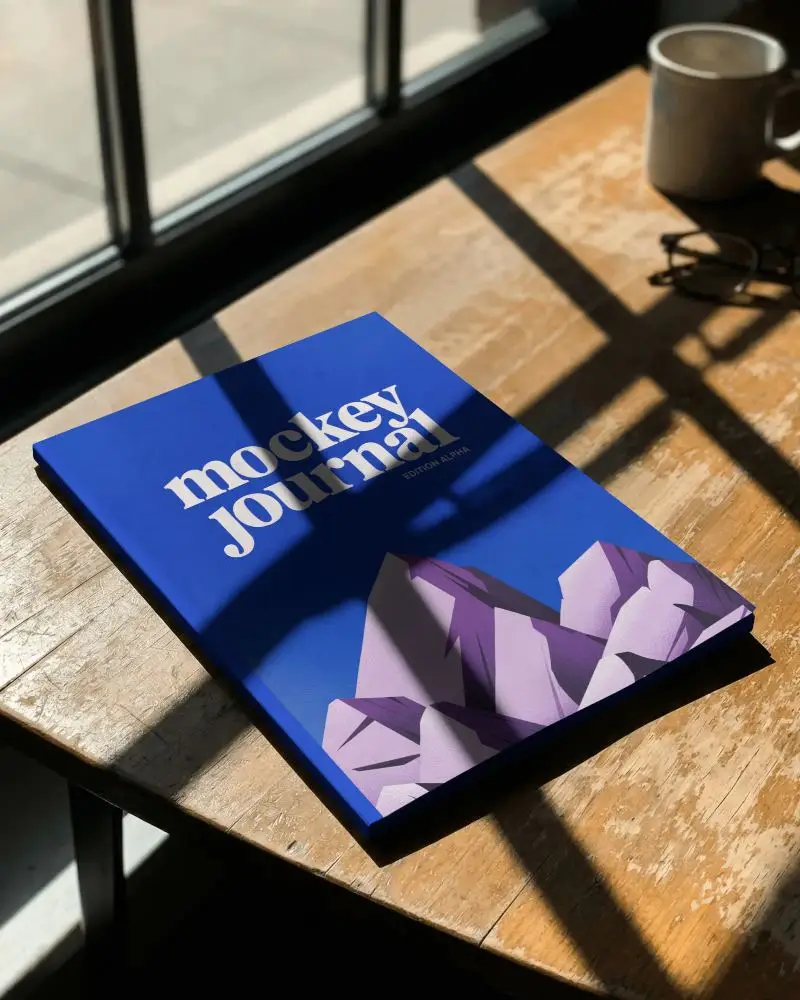 Sunlit Magazine Mockup On Wooden Table With Window Shadow And Cozy Cafe Setup