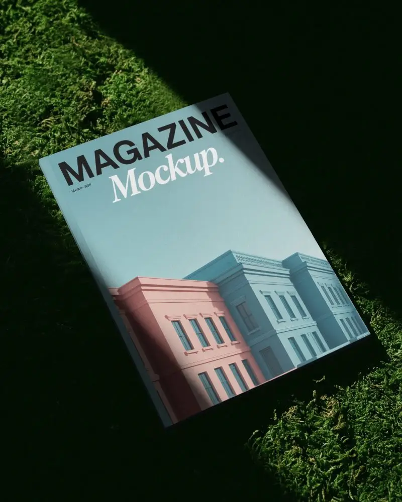 Outdoor Magazine Mockup On Textured Green Moss Surface With Dramatic Shadow Light
