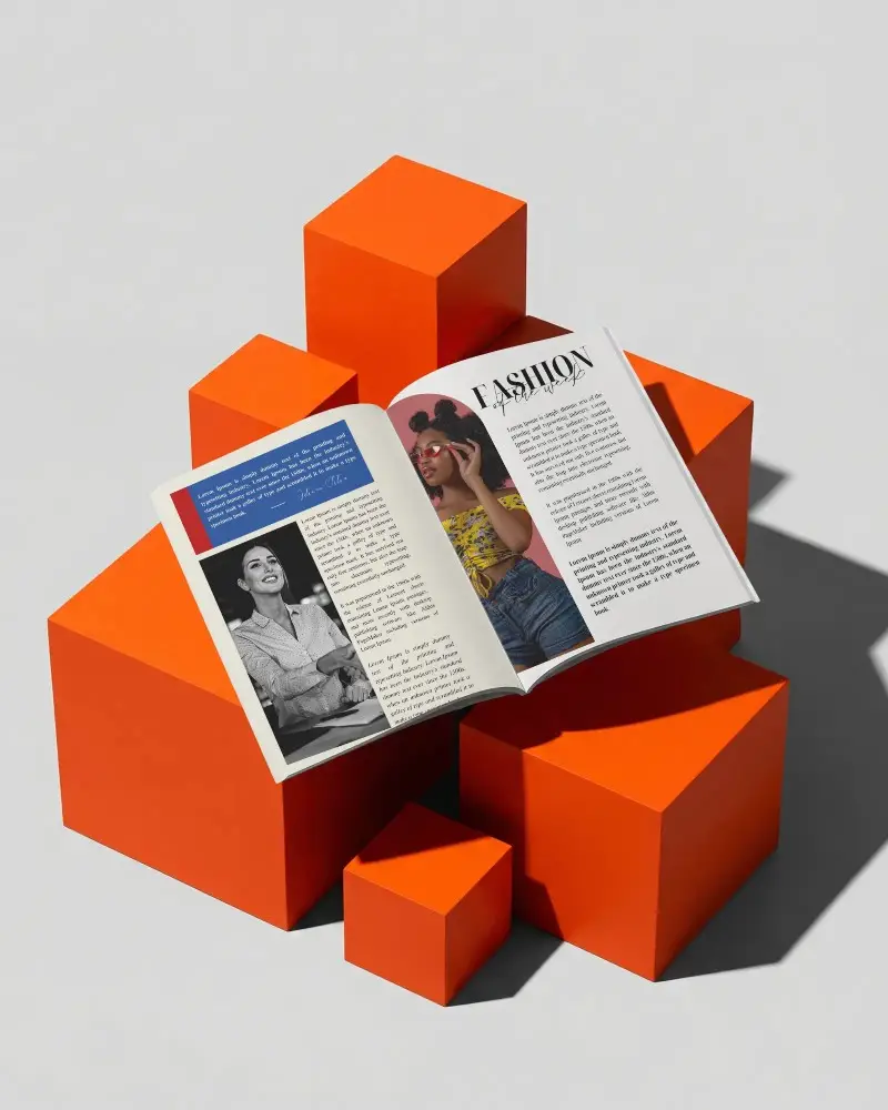 Geometric Open Magazine Mockup On Bold Cube Structures With Clean Studio Light