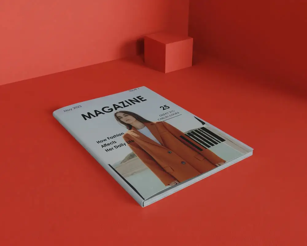 Minimal Studio Magazine Mockup On Monochrome Floor With Geometric Cube Background