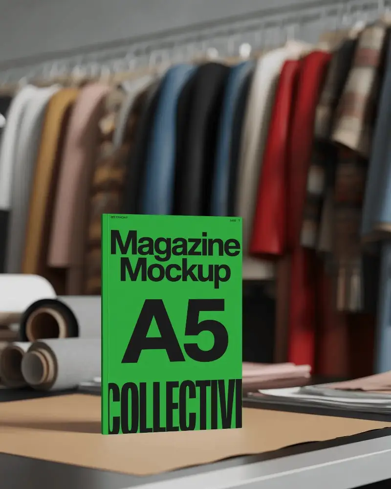 Fashion Studio Magazine Mockup On Worktable With Clothing Rack Background