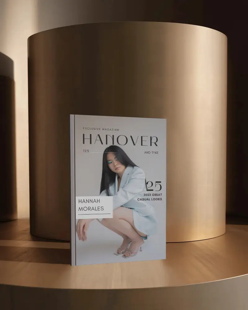 Luxury Podium Magazine Mockup With Metal Cylinder Backdrop And Warm Studio Light