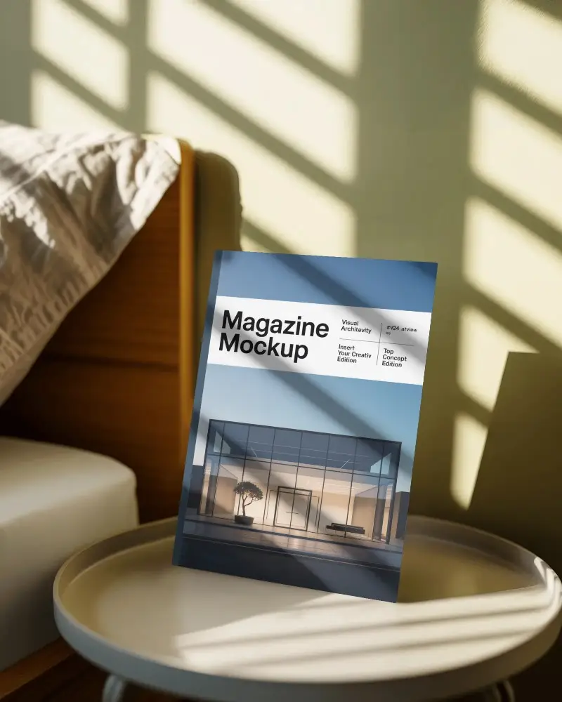 Bedside Magazine Mockup On Round Table With Window Shadow And Cozy Bedroom Scene