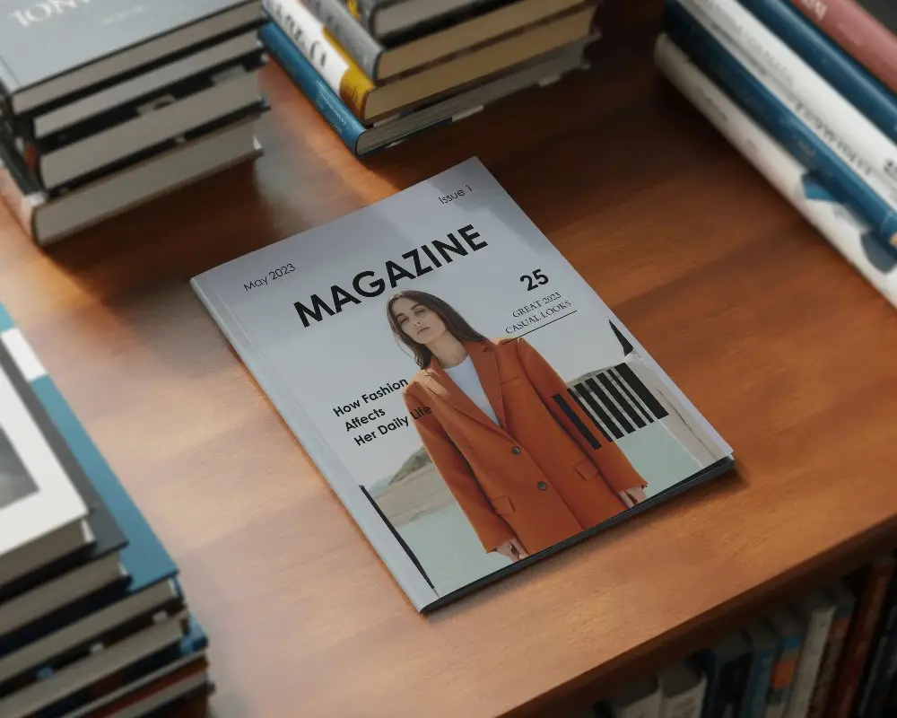 Library Desk Magazine Mockup With Stacked Books And Warm Wooden Surface